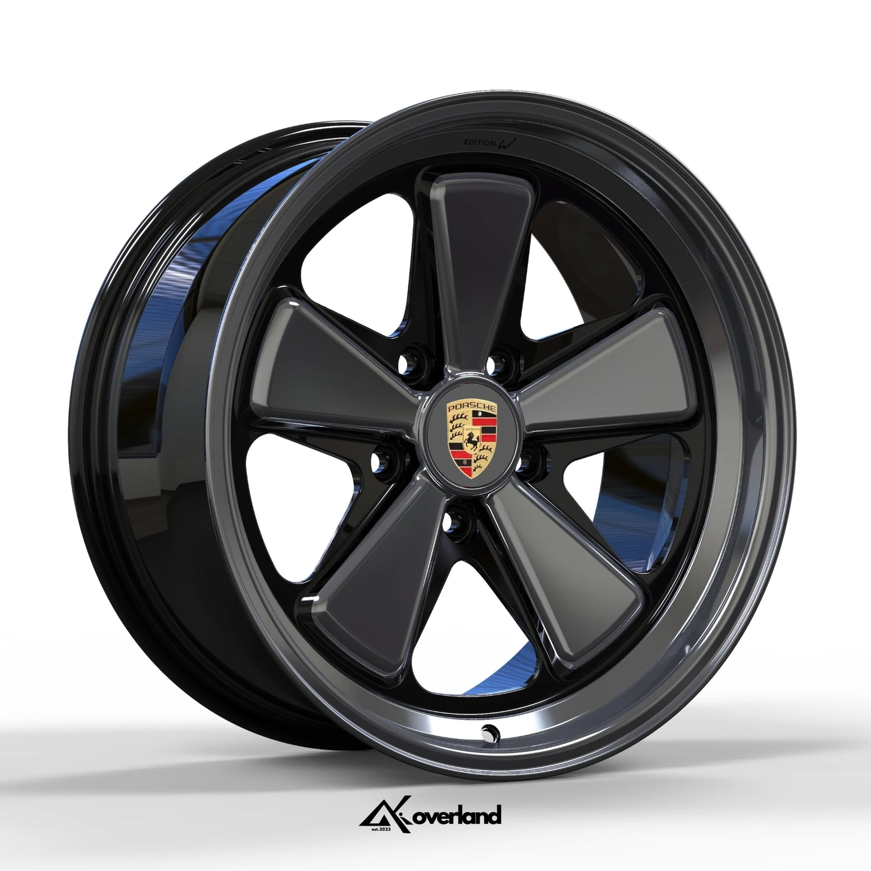 Monoblock forged 5x130 Porsche wheel render highlightingmachined and two-tone finish options.
