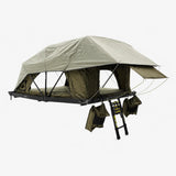 Overland rooftop tent Carbonlite King open with ladder by Inspired Overland