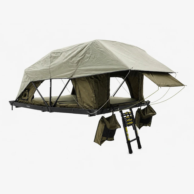 Overland rooftop tent Carbonlite King open with ladder by Inspired Overland