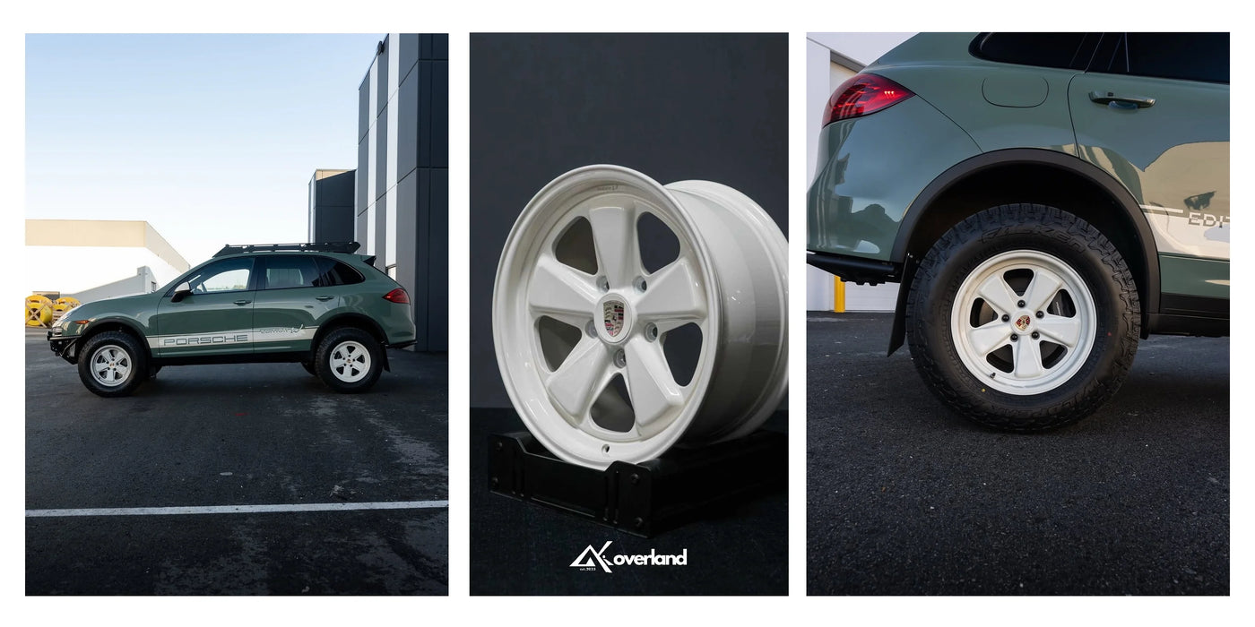 Porsche Cayenne 958 fitted with Akioverland roof rack and creme Edition W 5x130 forged off-road wheels.