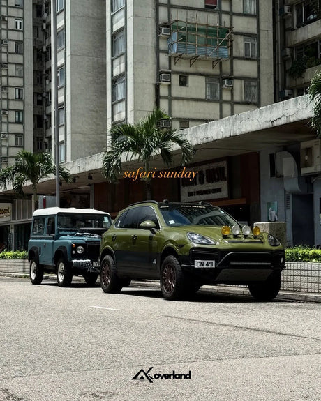 Classic LR defender & Porsche Cayenne 958 overland build Hong Kong running Akioverland air suspension lift