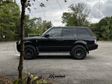 Full side profile of black Range Rover L322 fitted with Akioverland 5x120 trispoke forged overland wheels.