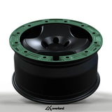 akioverland 5x120 black and green two tone forged wheel Peaks design detail view