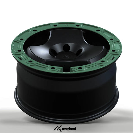 akioverland 5x120 black and green two tone forged wheel Peaks design detail view